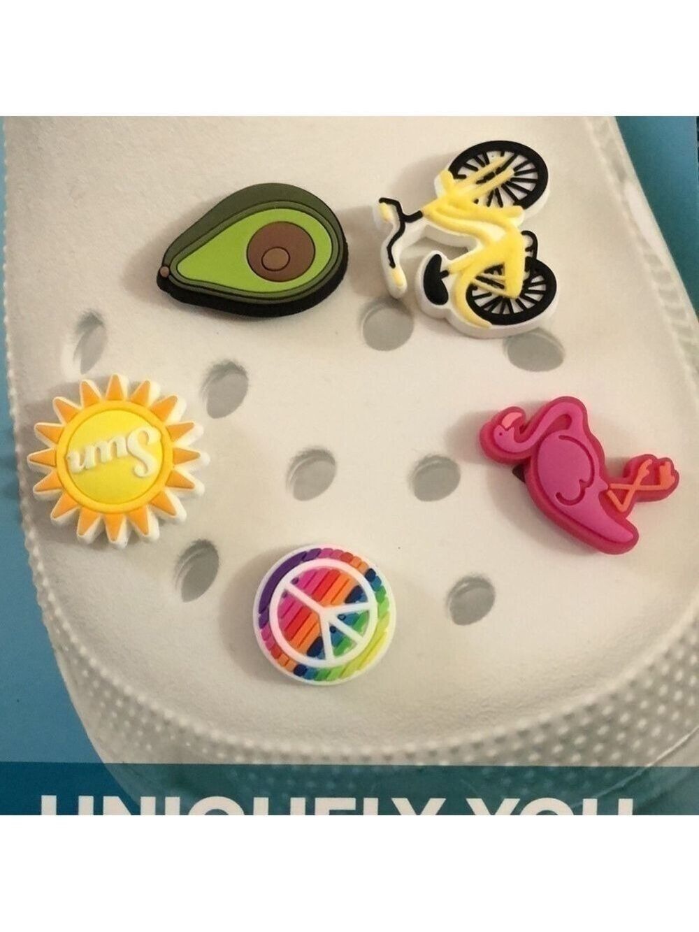 Crocs Sunny Day 5 Pack Summer Uniquely You Jibbitz Set Flamingo Sun Bike Sharms - Picture 5 of 13